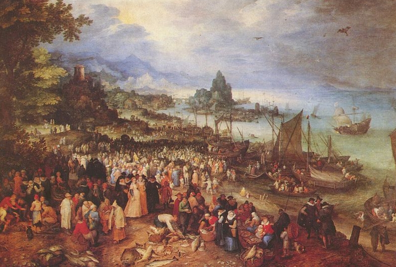 Jan Brueghel Sea port with the lecture of Christ